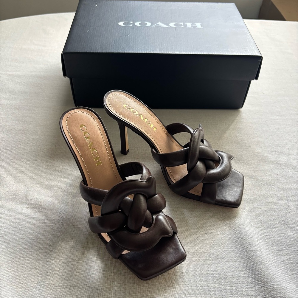 NEW Coach Kelli Leather Kitten Heel Sandals 6.5 Brown Slip On